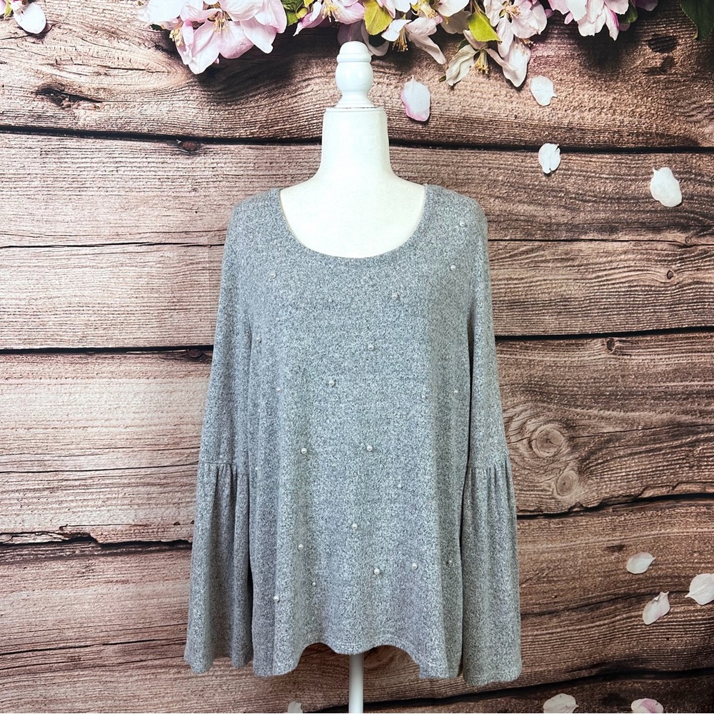 Simply Vera Vera Wang Women’s Rayon Gray Beaded Pearls Bell Sleeve Sweater